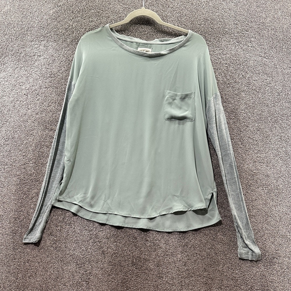 Lou & Grey Blouse Topâ Women Medium Green Mixed Media Long Sleeve Pocket Tee